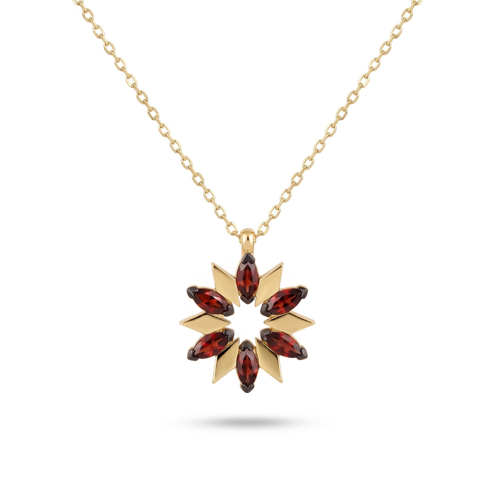 Marquise Zirkon Taşlı Garnet Kırmızısı Sarı Altın Kolye
