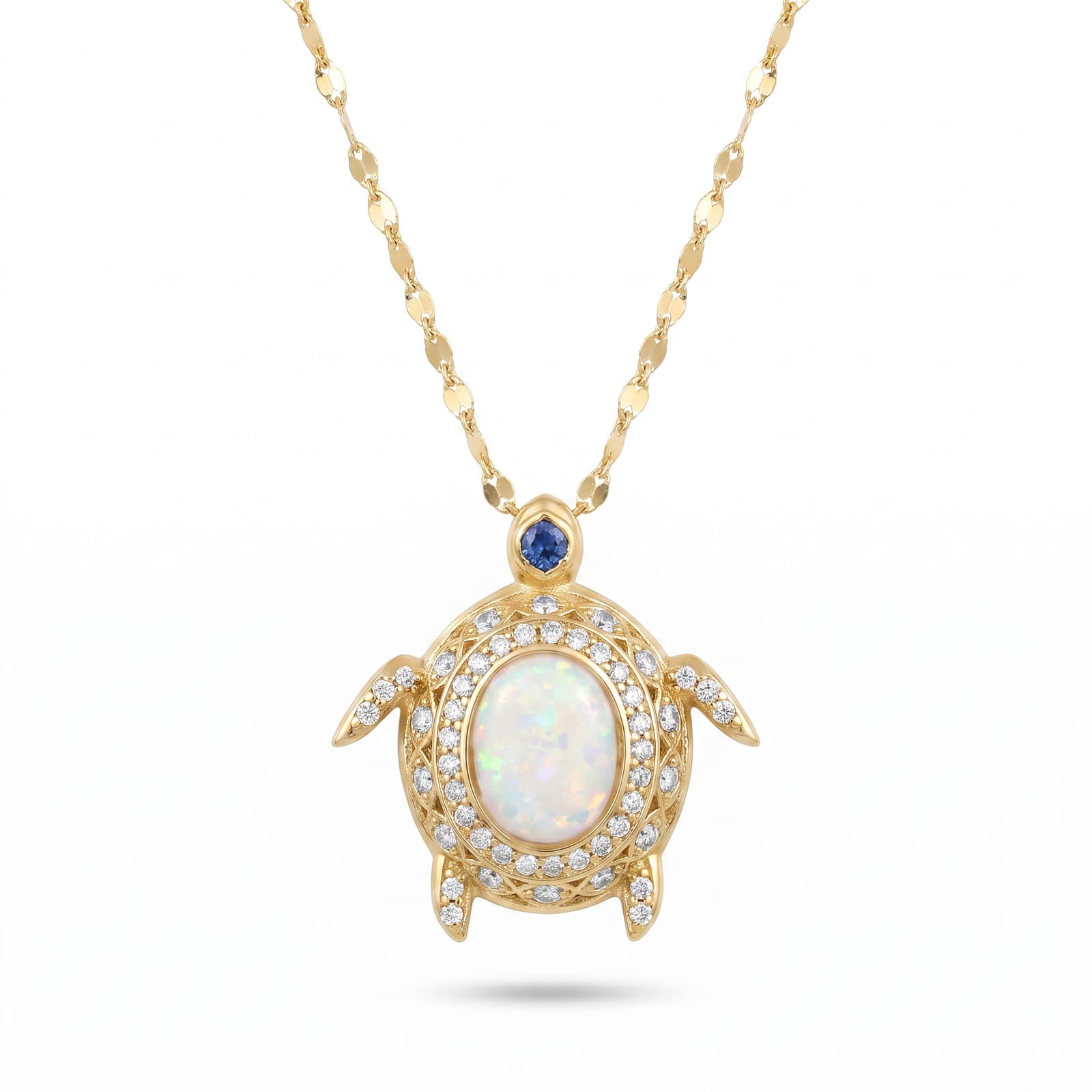 Opal Taşlı Deniz Kaplumbağası Motifli Sarı Altın Kolye